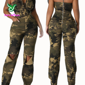 Autumn 2023 Fashion Ripped Sleeveless Jumpsuits Sexy Backless Bodysuits Camouflage Print Strapless Jumpsuits