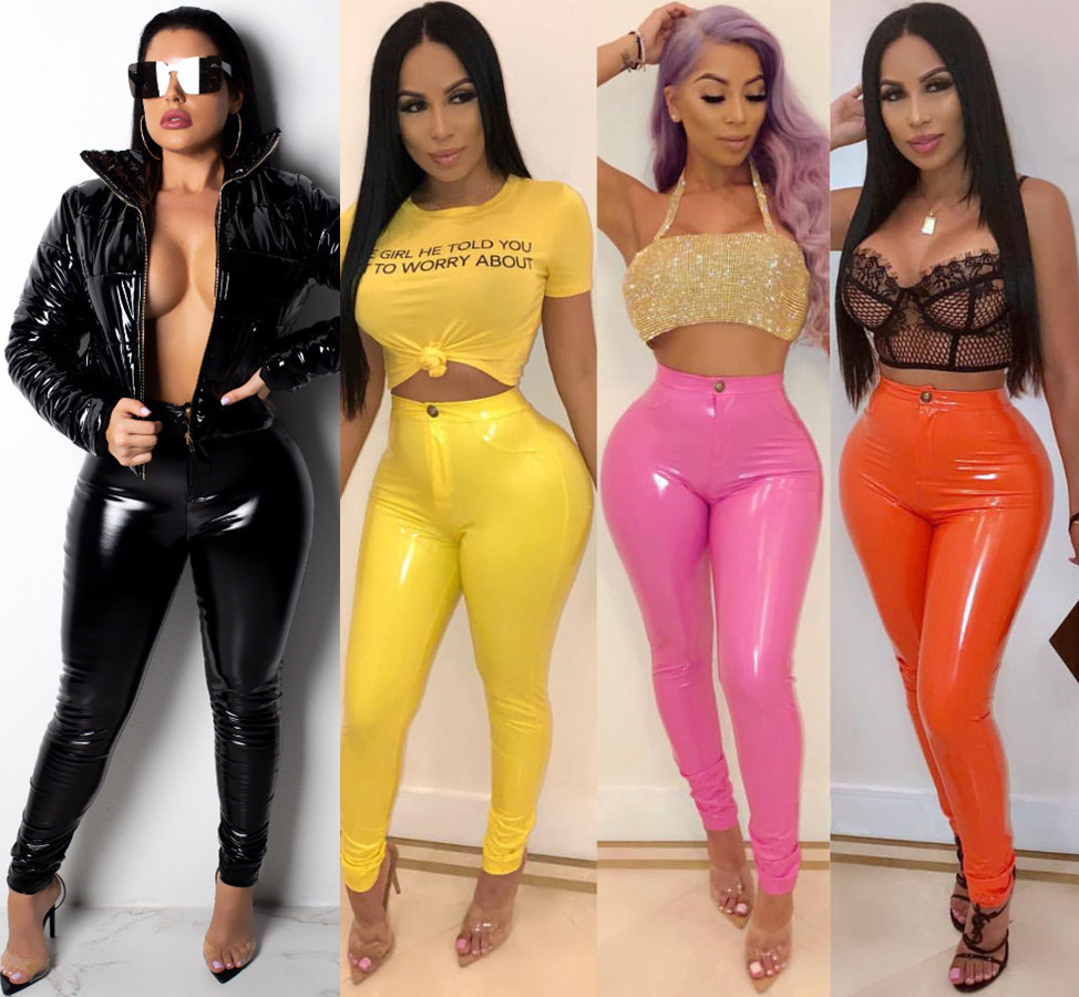 2023 new Gradient Sequin Button Bright PU Pants Women's Faux Leather Leggings Pencil Pants Colorful Nightclub Wear