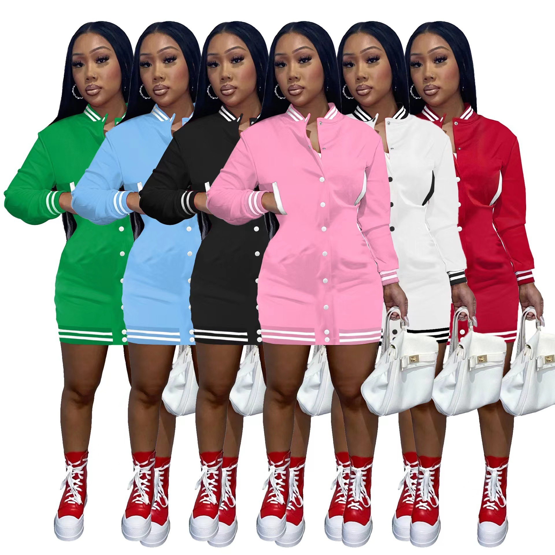 Women Clothes 2022 Women Long Sleeves Bodycon Dress Custom Baseball Jersey Dress Button Down Casual Dresses For Women