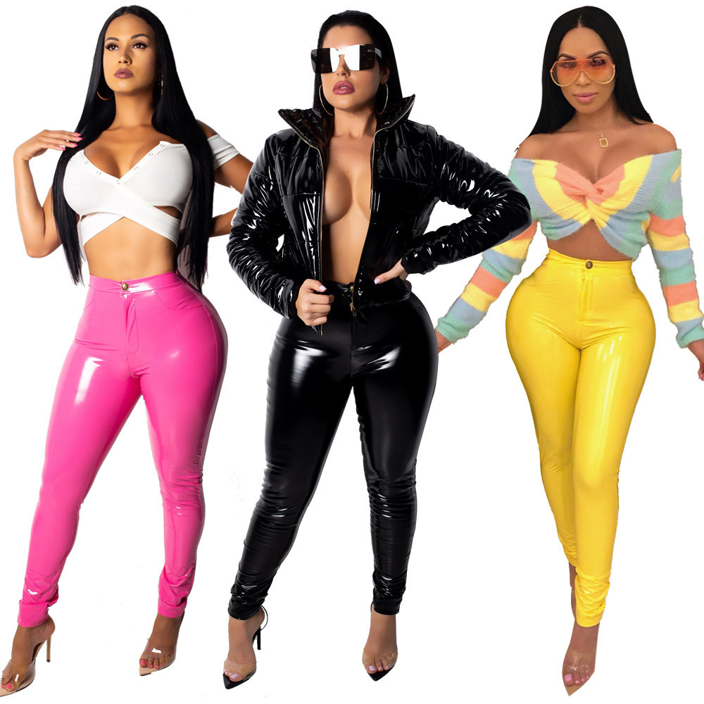 2023 new Gradient Sequin Button Bright PU Pants Women's Faux Leather Leggings Pencil Pants Colorful Nightclub Wear