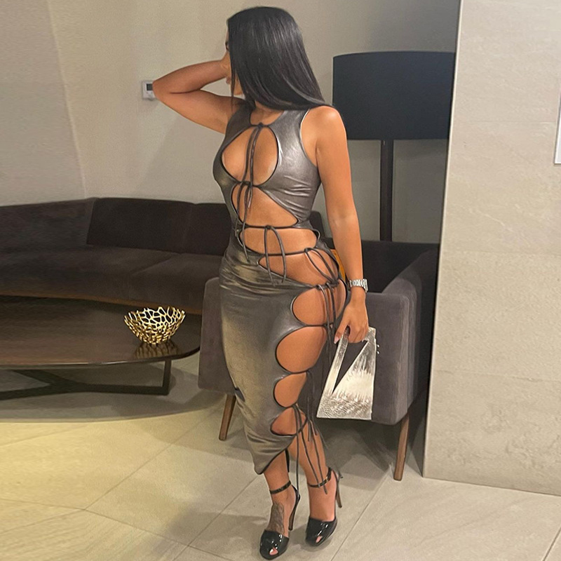 Hot Selling 2023 Summer Women Clothing Sexy Dress Bright Night Club Hollow Out Lace Up Solid Color Sleeveless Bodycon Dress