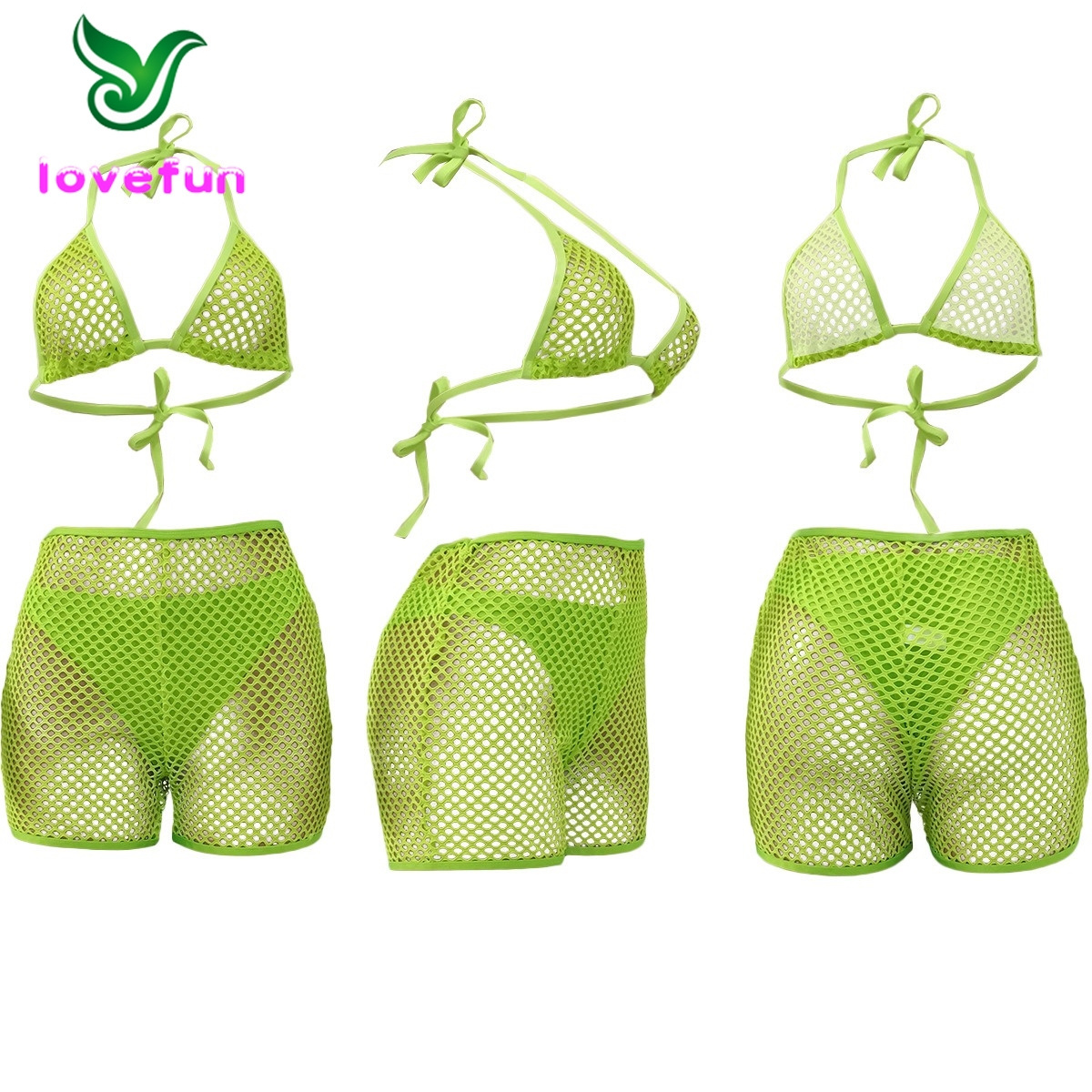 Summer Women Sexy Fishnet Mesh Sheer Beach Outfits Crop Top Shorts Sets Swimwear 3 Piece Bikini Set For Women