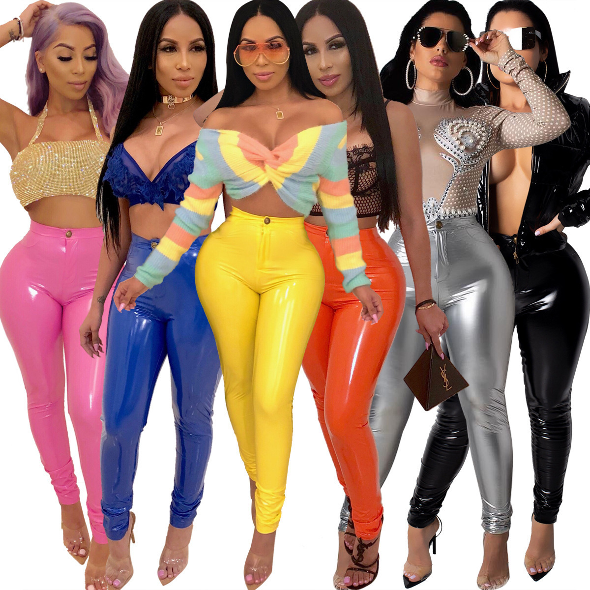 2023 new Gradient Sequin Button Bright PU Pants Women's Faux Leather Leggings Pencil Pants Colorful Nightclub Wear