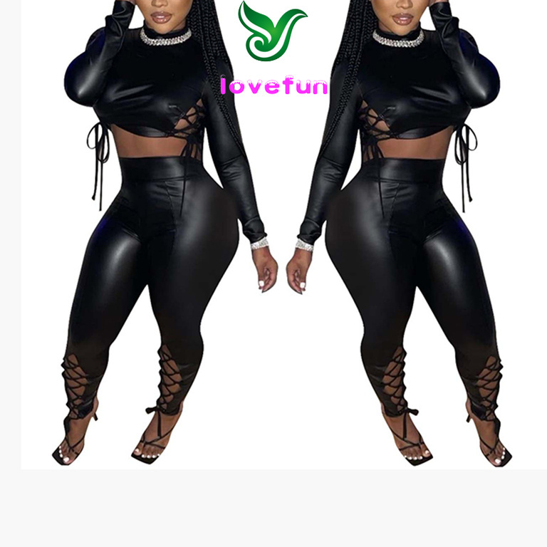 Sexy Pu Leather Pant Suits Sexy Club Outfits For Women Winter Clothing 2023 Black Long Sleeve Bandage 2 Piece Set