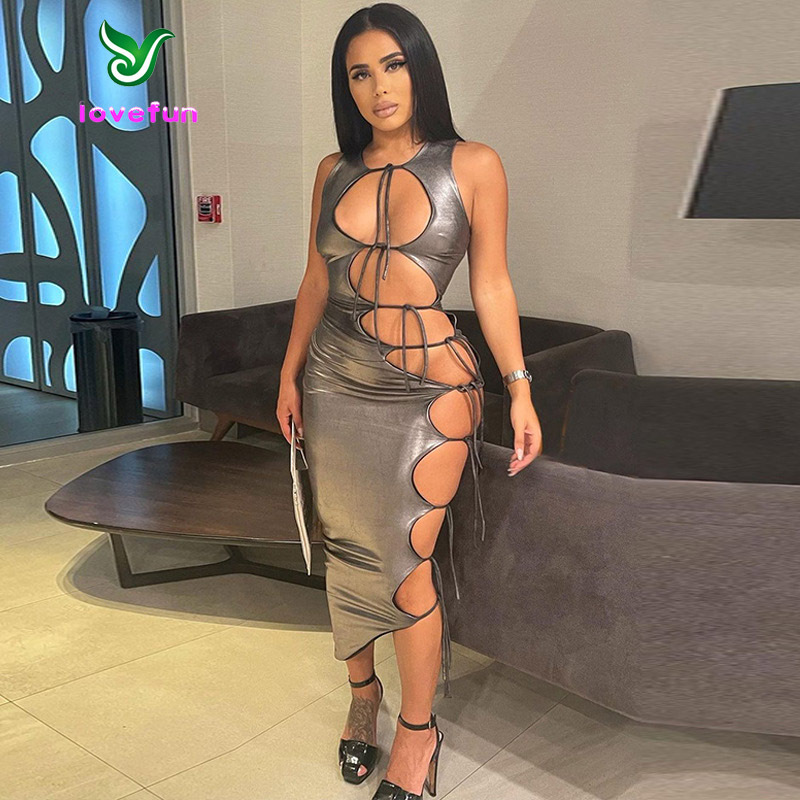 Hot Selling 2023 Summer Women Clothing Sexy Dress Bright Night Club Hollow Out Lace Up Solid Color Sleeveless Bodycon Dress