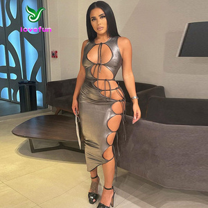 Hot Selling 2023 Summer Women Clothing Sexy Dress Bright Night Club Hollow Out Lace Up Solid Color Sleeveless Bodycon Dress