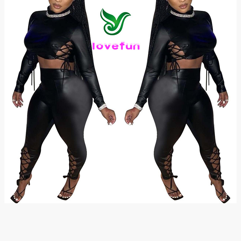 Sexy Pu Leather Pant Suits Sexy Club Outfits For Women Winter Clothing 2023 Black Long Sleeve Bandage 2 Piece Set