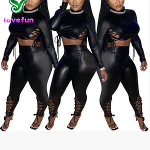 Sexy Pu Leather Pant Suits Sexy Club Outfits For Women Winter Clothing 2023 Black Long Sleeve Bandage 2 Piece Set