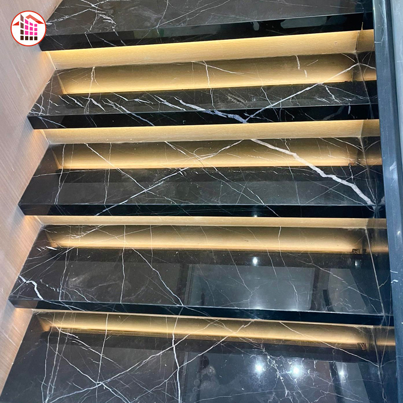 Black Marble  with white veins real Black Marquina  Marble for stairs black stone marble indoor stairs