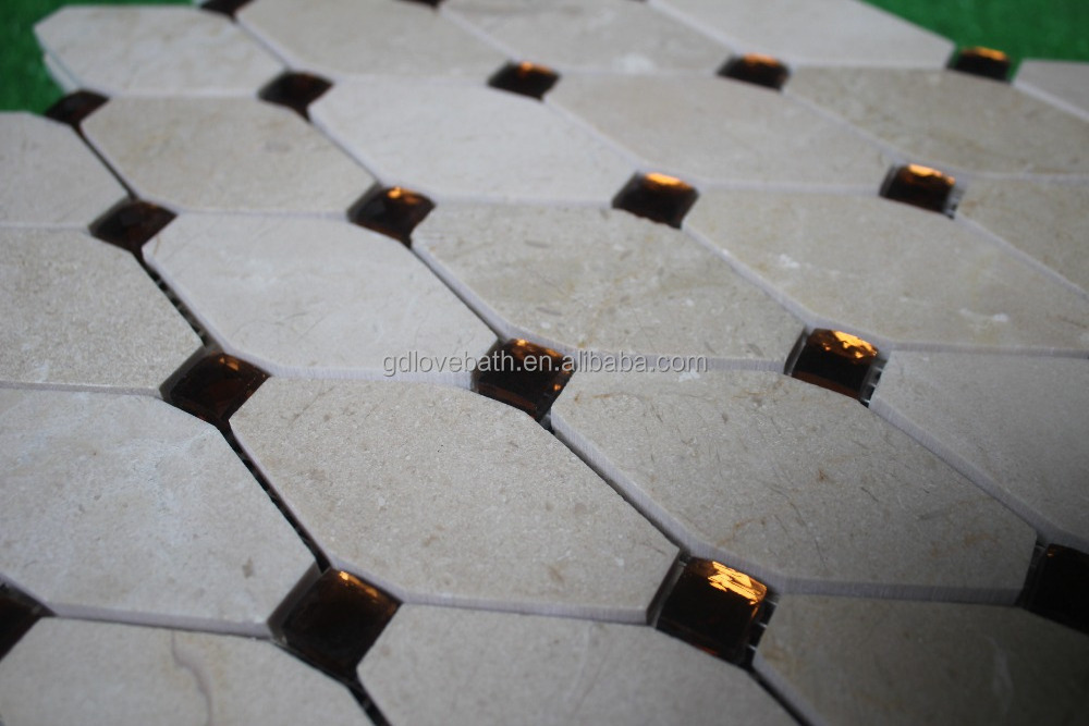 Cream marfil marble stone mix glass mosaic tiles for bathroom and kitchen backsplash