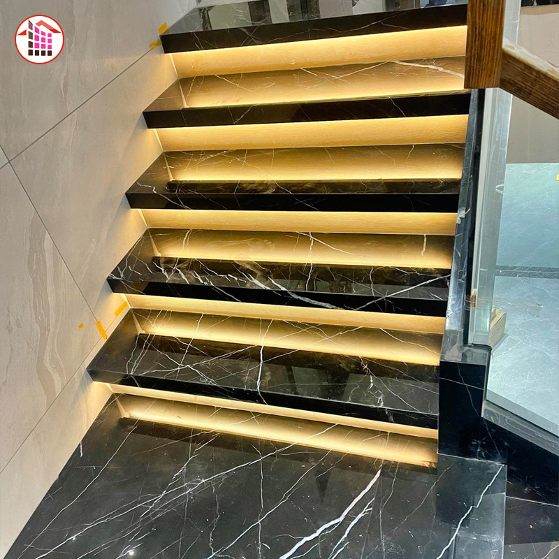 Black Marble  with white veins real Black Marquina  Marble for stairs black stone marble indoor stairs