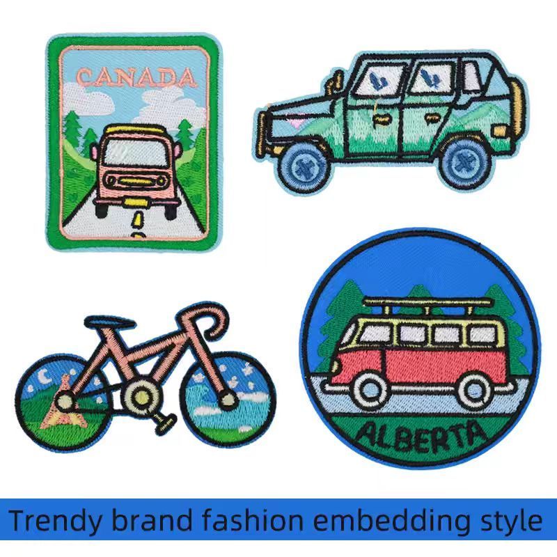 Wholesale custom oil painting style embroidery patches cheap price merrow border patch iron on glue backing cloth jacket shoe