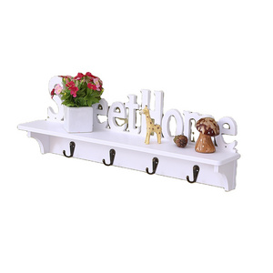 Creative Carved Wall Storage Wooden Wall Mounted Shelf With 4 Hooks Sweet Home Rack Coat Hat Clothes Key (White)