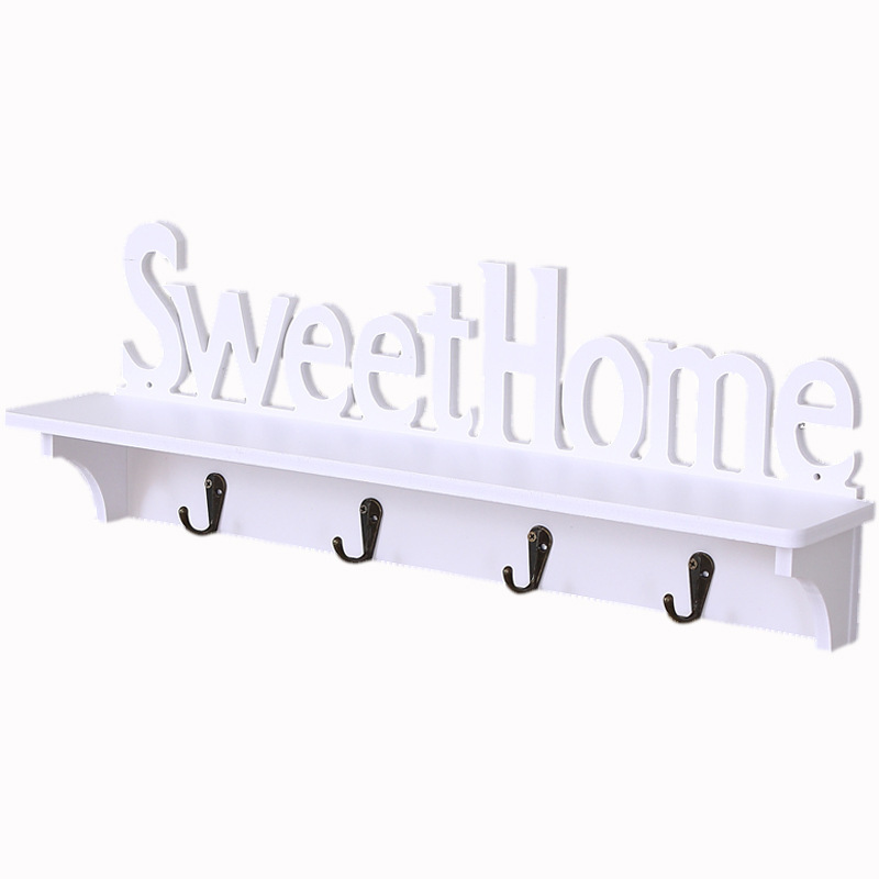 Creative Carved Wall Storage Wooden Wall Mounted Shelf With 4 Hooks Sweet Home Rack Coat Hat Clothes Key (White)