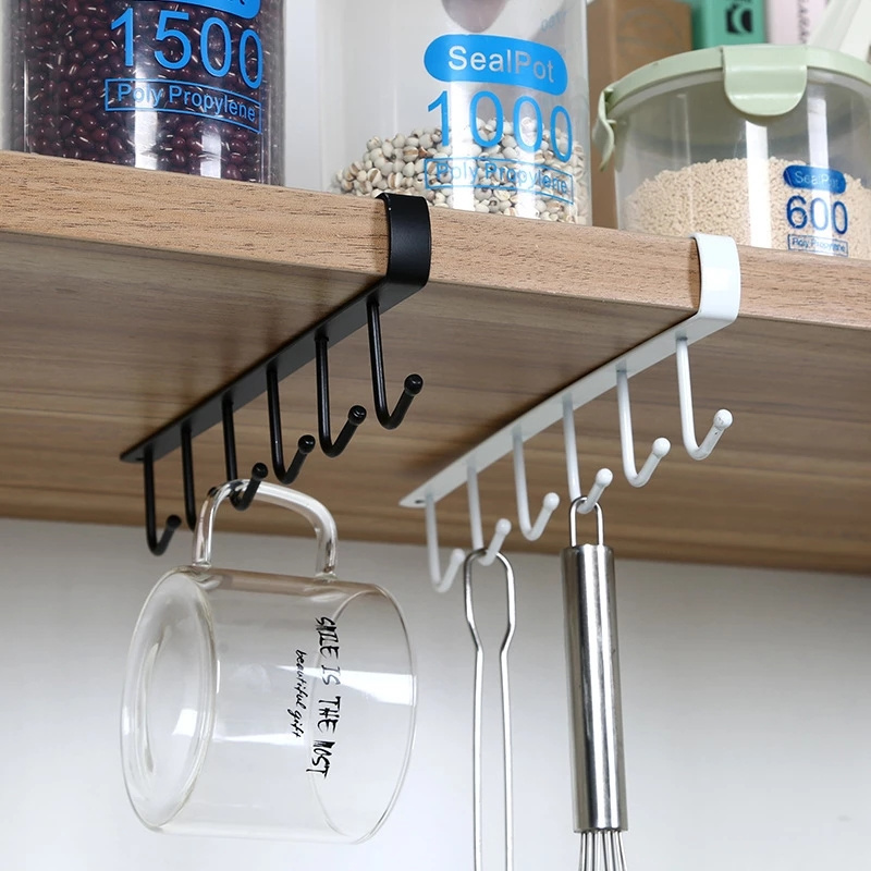 Kitchen Cupboard 6 Hooks Metal Under Shelf Storage Rack Holder Mug Cup Hanging Organizer Closet Glass Bottle Shelf