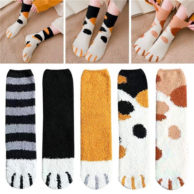 Autumn winter Plush coral velvet socks cat claws cute thicken warm socks women's mid-barrel socks