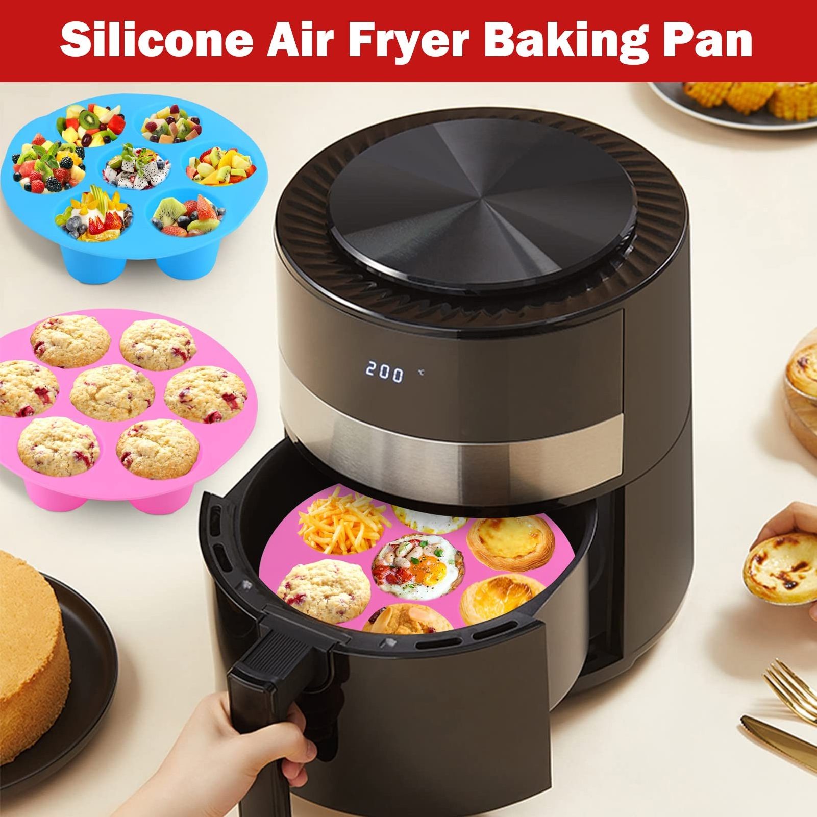 7 Cups Air Fryer Muffin Silicone Mold Round Nonstick Cupcake Pan Airfryer Tray For Microwave Oven Kitchen Accessories