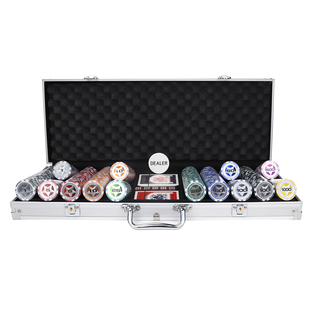 Factory supply 500 clay poker chips with silver aluminum case set include accessories for gambling game