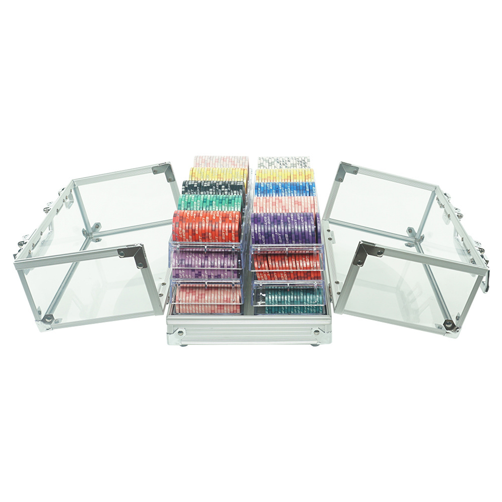 600pcs Transparent Silver Aluminum Double Open Case 600pcs EPT  Chips set Portable Suitcase Storage Box With 6 Acrylic Trays