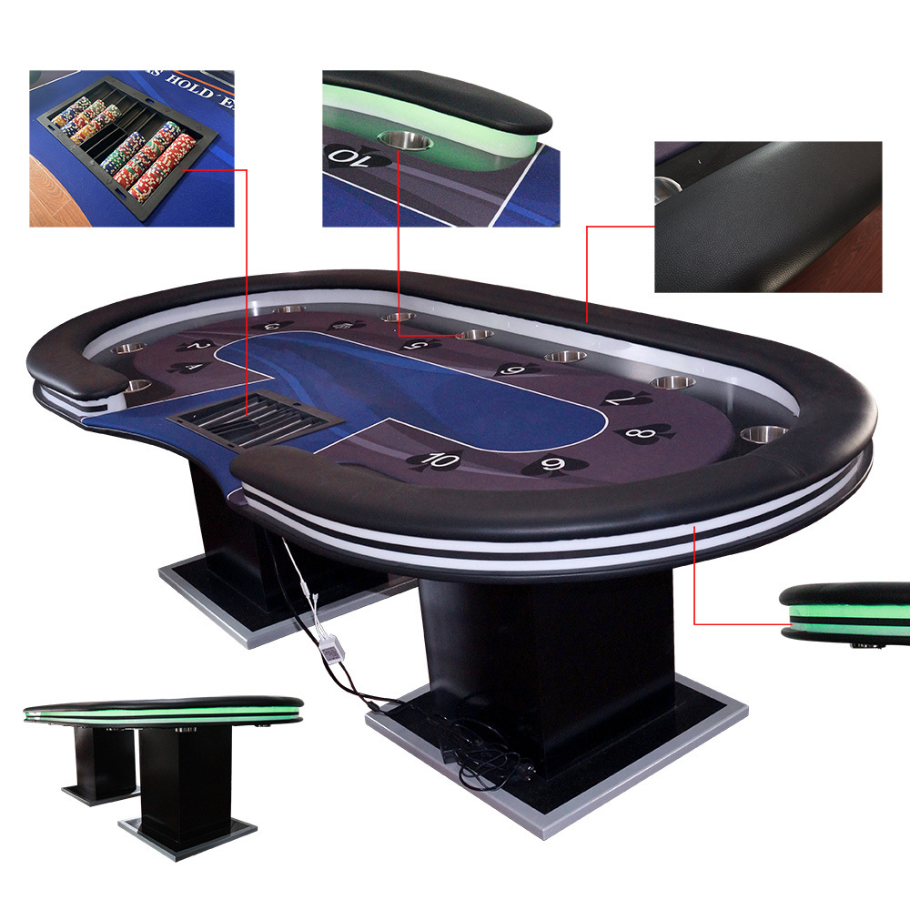 Professional casino grade poker table 94 inch with 10 seat players and led light 1pc can custom table factory for gambling game