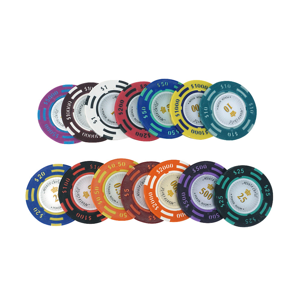 High quality 14g casino monte carlo clay poker chips 40mm three tone with royal crown number sticker from factory for games