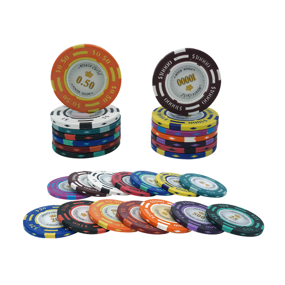 High quality 14g casino monte carlo clay poker chips 40mm three tone with royal crown number sticker from factory for games