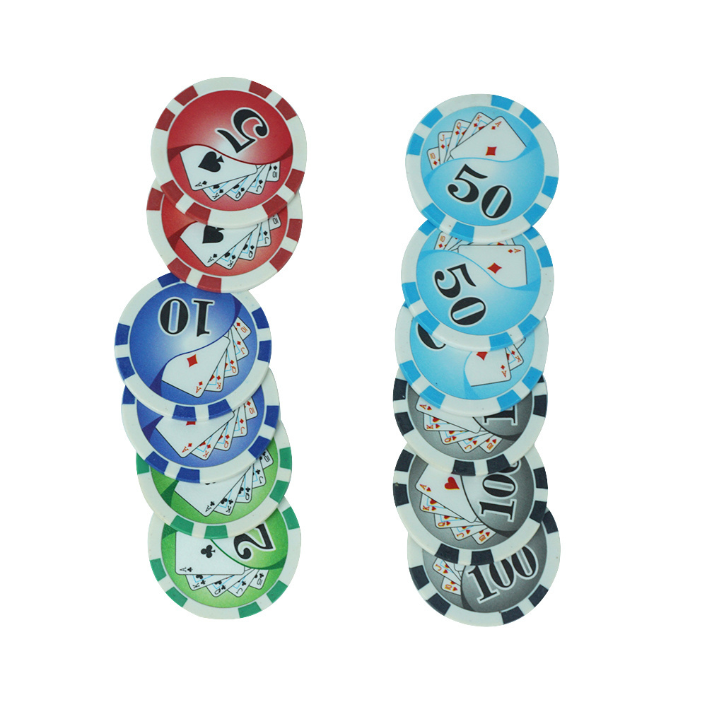 Professional 11.5g abs royal flush poker chips 40mm double stripe custom colored with poker card cash value sticker for games