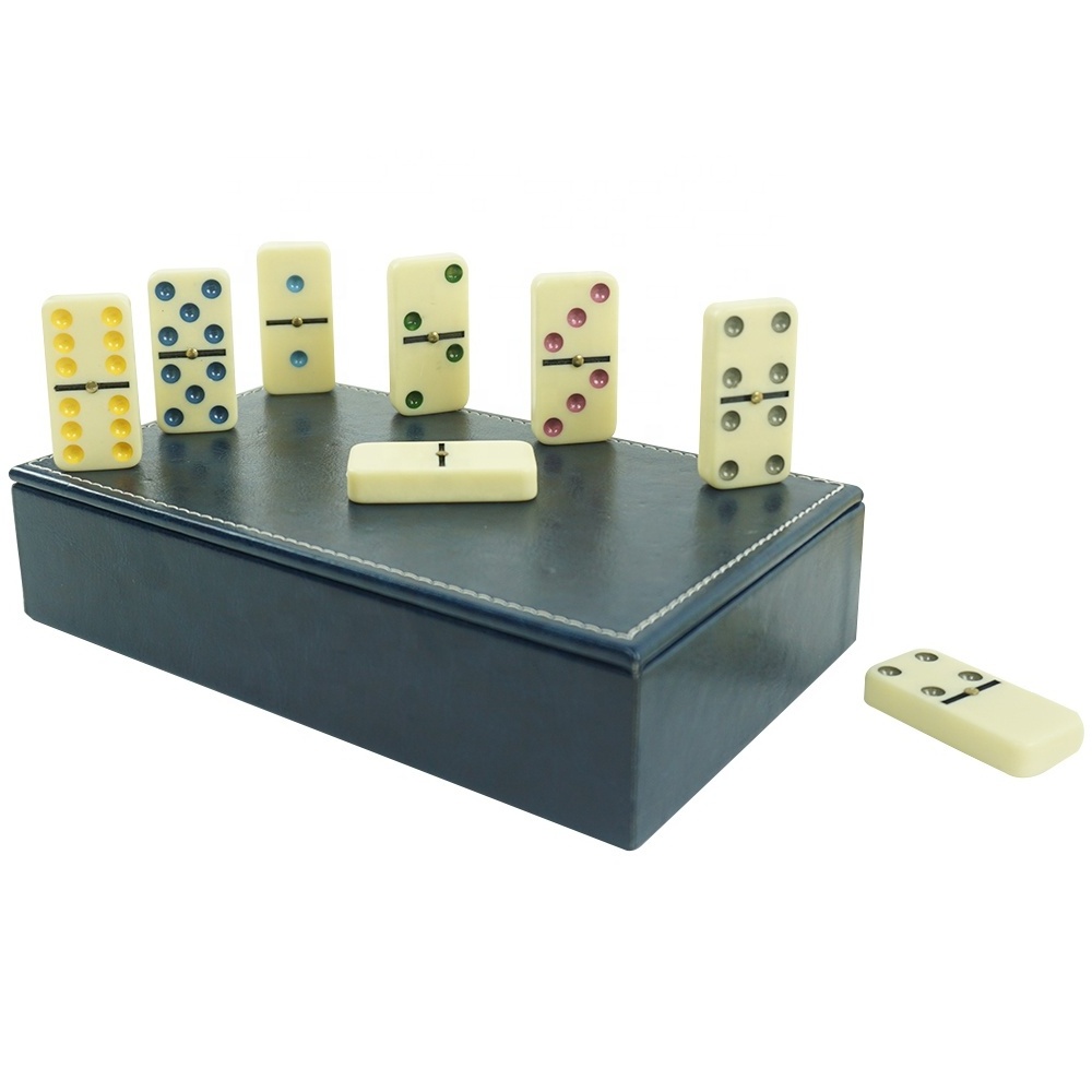 Manufacture Custom Leather Dominos Case Sets Ivory Blocks Colorful Dots With Golden Spinner Double Six Dominoes Game