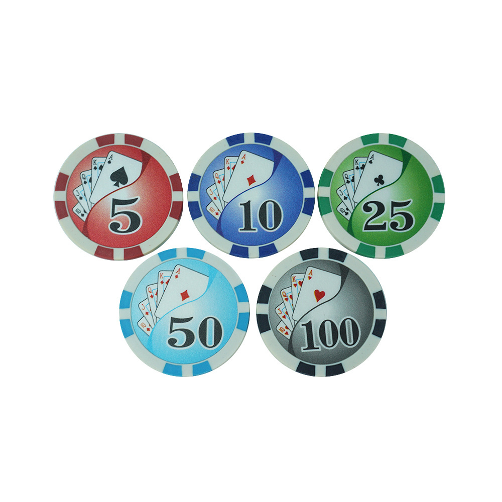 Professional 11.5g abs royal flush poker chips 40mm double stripe custom colored with poker card cash value sticker for games