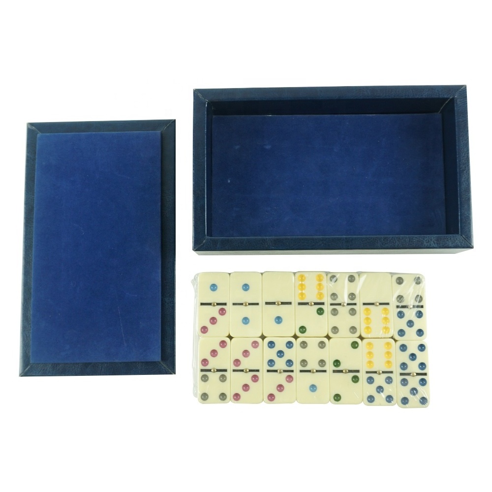 Manufacture Custom Leather Dominos Case Sets Ivory Blocks Colorful Dots With Golden Spinner Double Six Dominoes Game