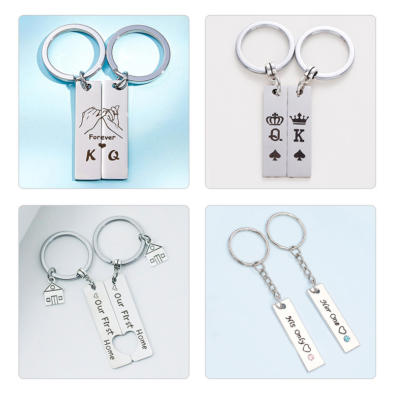 Valentine's Day gift key charm romantic couple engraved stainless steel long strip key ring metal key ring charm accessories