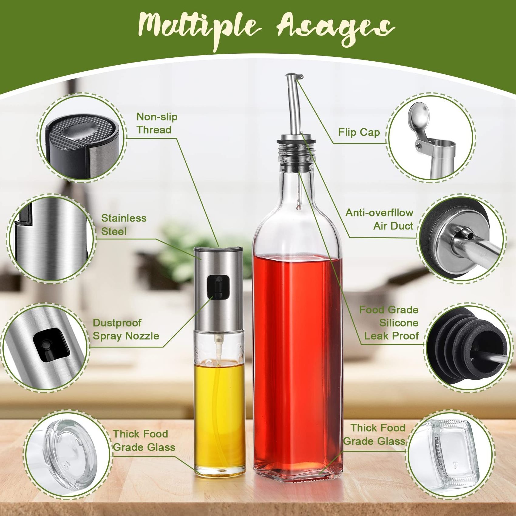 Olive Oil Dispenser 17 Oz and Oil Sprayer Bottle Reusable Glass Container with Drip-Free Stainless Steel Spout For Cooking Set