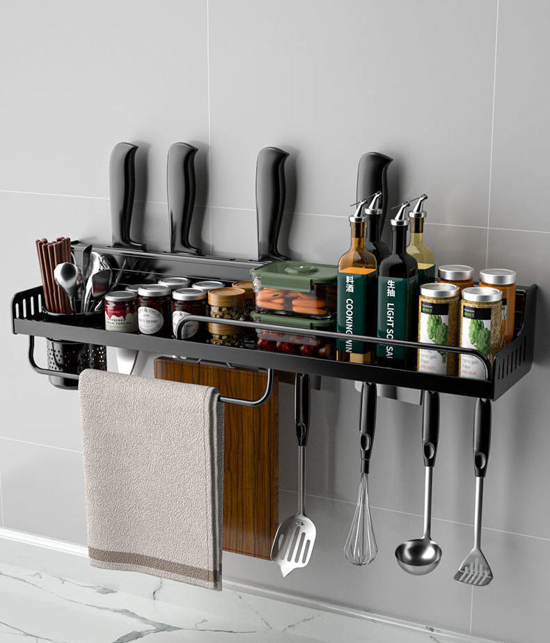 Kitchen Metal Wall Mounted Shelf Multifunctional Knife Holder Seasoning Storage Rack Kitchen Utensils Organizer Spice Rack