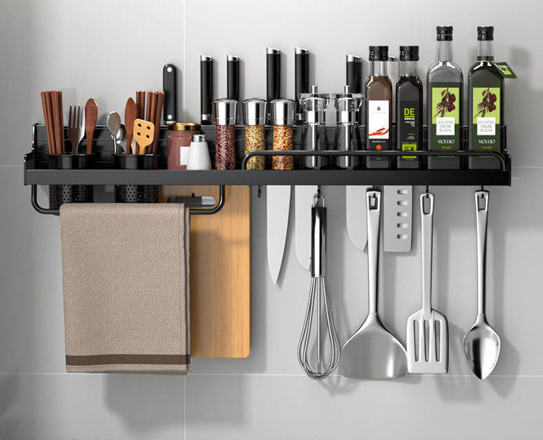 Kitchen Metal Wall Mounted Shelf Multifunctional Knife Holder Seasoning Storage Rack Kitchen Utensils Organizer Spice Rack