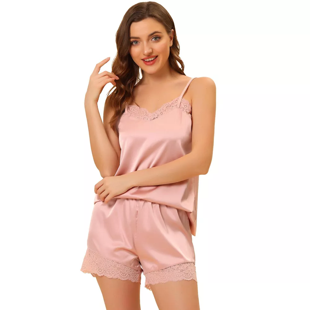 Wholesale Factory Custom Women Long Sleeve Light-Pink 2 Piece Satin Sexy Pajamas Sets