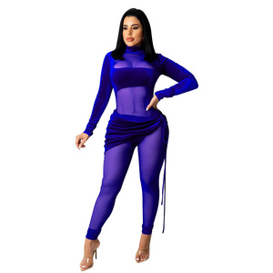 Mesh and Velour Long Sleeve Jumpsuit For Patchwork Women Long Sleeve Nightclub Women Romper Ladies Jumpsuit