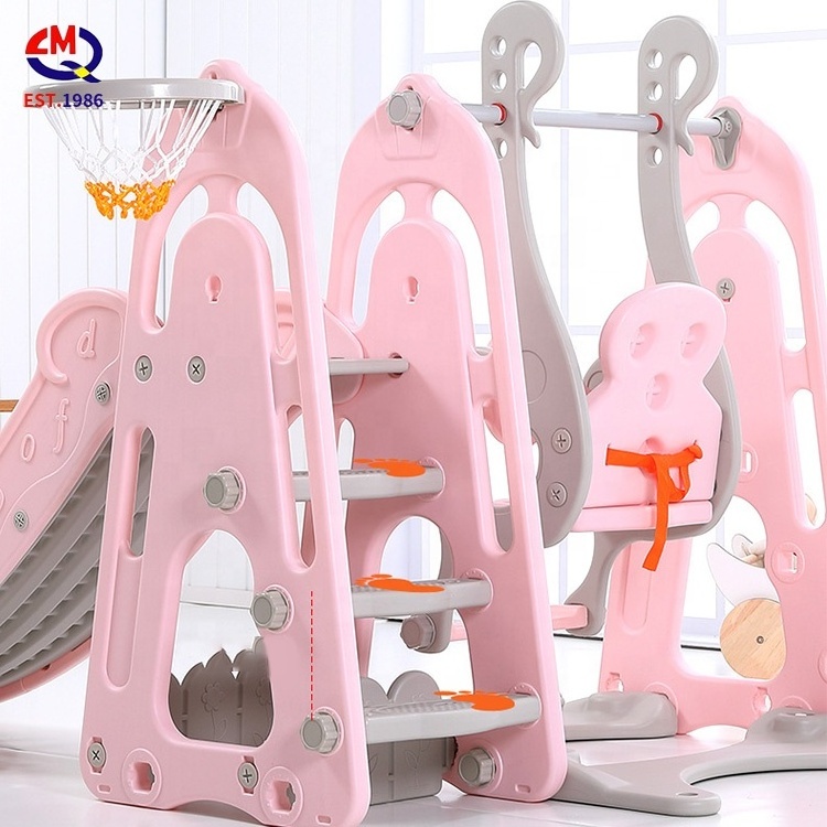 Multifunction kids indoor play toy children playroom plastic slide swing with basketball stand