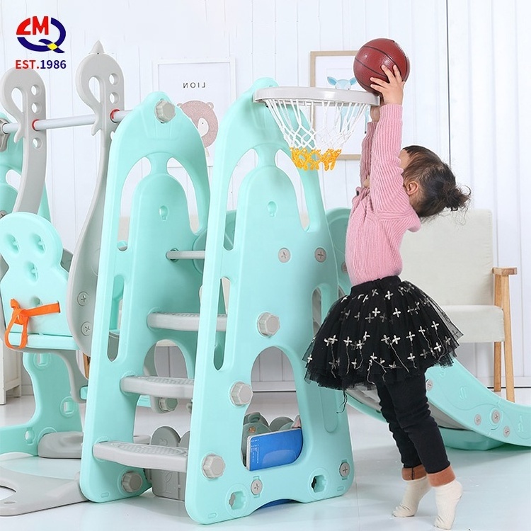 Multifunction kids indoor play toy children playroom plastic slide swing with basketball stand