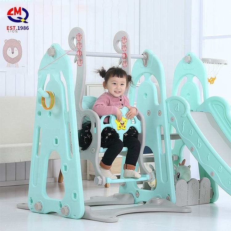 Multifunction kids indoor play toy children playroom plastic slide swing with basketball stand