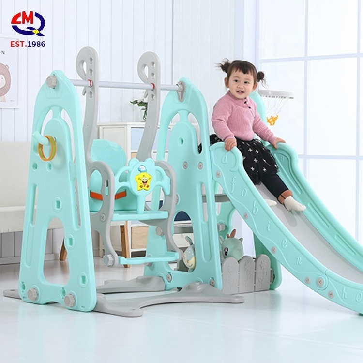 Multifunction kids indoor play toy children playroom plastic slide swing with basketball stand