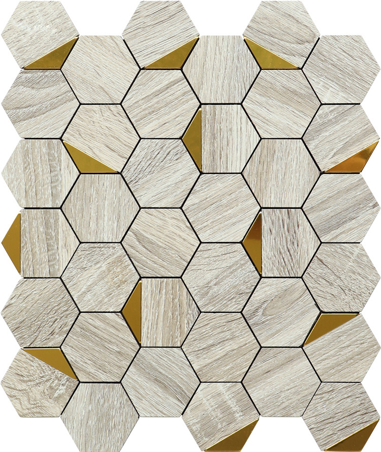 Hexagon Gold Aluminium Metal Mixed White Pvc Stone Look Peel And Stick Wall Tile Kitchen Backsplash