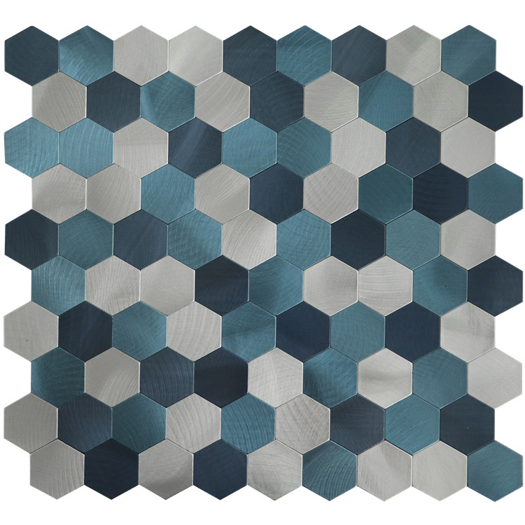 Blue Sheen Hexagon Stained Glass And Embossed Silver Aluminium Self Adhesive Kitchen Backsplash Wall Mosaic Tile