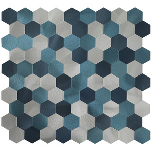 Blue Sheen Hexagon Stained Glass And Embossed Silver Aluminium Self Adhesive Kitchen Backsplash Wall Mosaic Tile