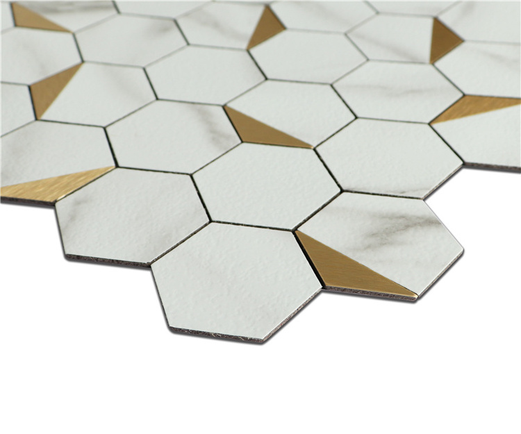 Hexagon Gold Aluminium Metal Mixed White Pvc Stone Look Peel And Stick Wall Tile Kitchen Backsplash