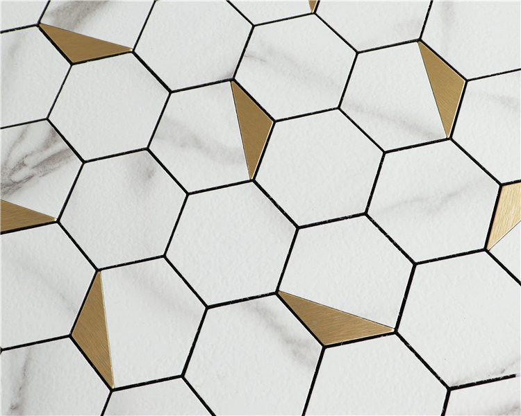 Hexagon Gold Aluminium Metal Mixed White Pvc Stone Look Peel And Stick Wall Tile Kitchen Backsplash