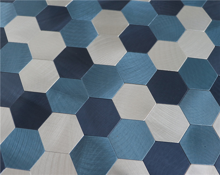 Blue Sheen Hexagon Stained Glass And Embossed Silver Aluminium Self Adhesive Kitchen Backsplash Wall Mosaic Tile