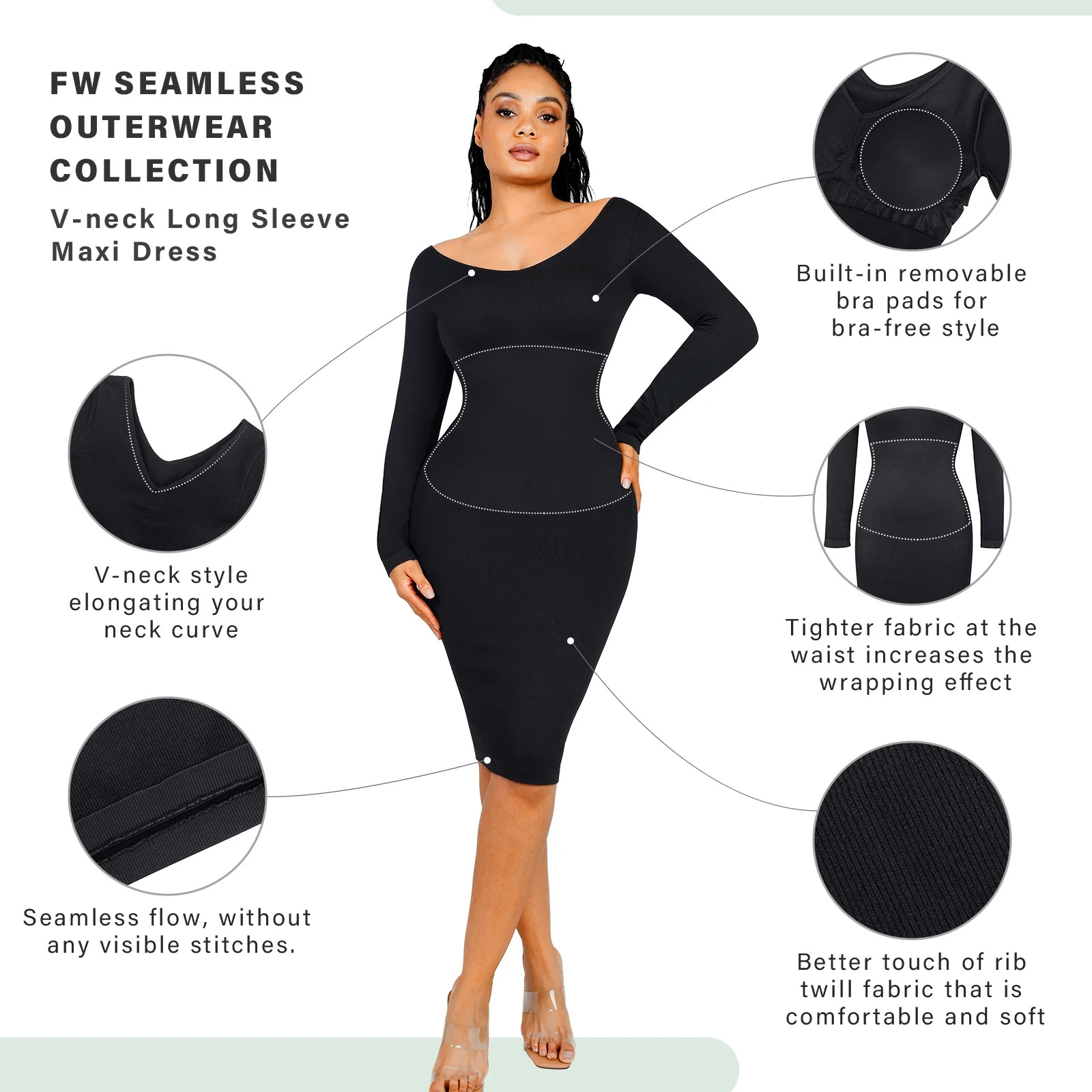 Wholesale Seamless V Neck Eco-friendly built-in shapewear maxi dress Long Sleeve Shaper Dress midi bodycon dresses 2023