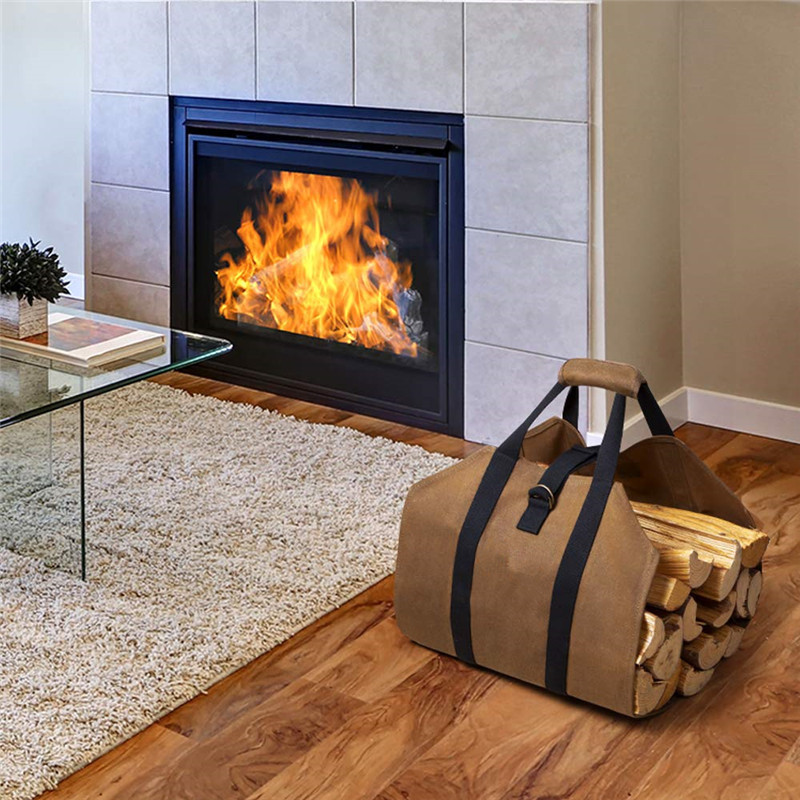 2022 hot selling waxed canvas log tote fire place wood carrying bag with handles security strap