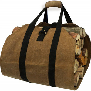 2022 hot selling waxed canvas log tote fire place wood carrying bag with handles security strap