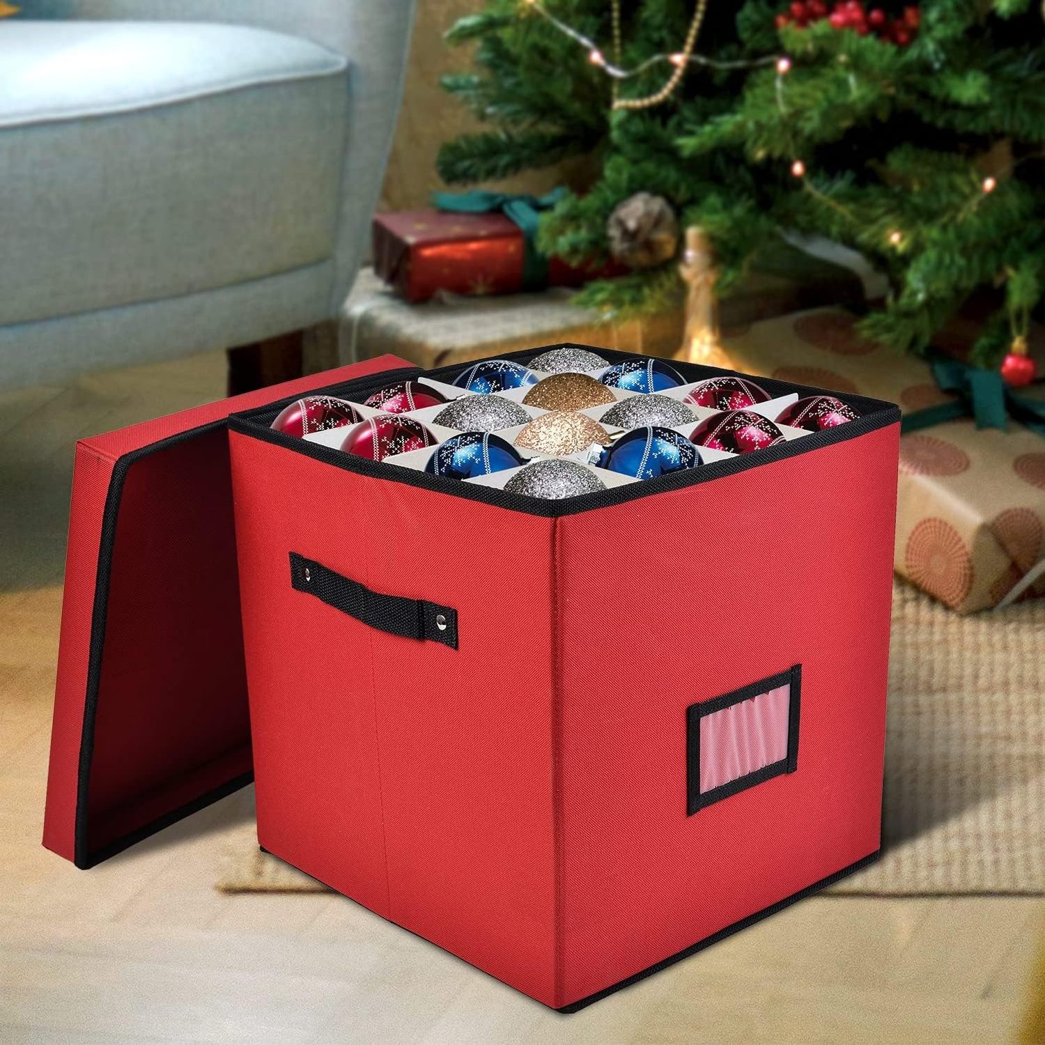 BSCI custom 600D oxford red Premium Christmas Ornament Storage bag Container with Dividers